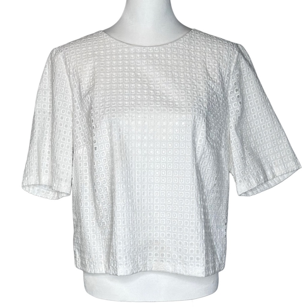 MNG by Mango Suit Collection White Cotton Square Eyelet Popcorn Texture Top SzXL